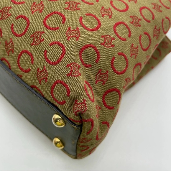 Auth Celine C Macadam Pattern Canvas x Leather Khaki Hand Bag handles have wear - Picture 8 of 16